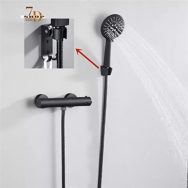 SHOP7D_Thermostatic Shower Kit Black/Silver Bathroom Thermostatic Mixer Shower With ABS Hand Spray Head Brass Mixer Valve Accessories