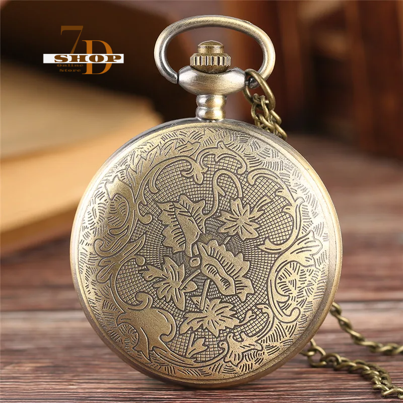 SHOP7D_Old Fashion Pocket Watch with Flower Crystal Design Men Women Quartz Movement Watches Arabic Number Display Necklace Chain Gift