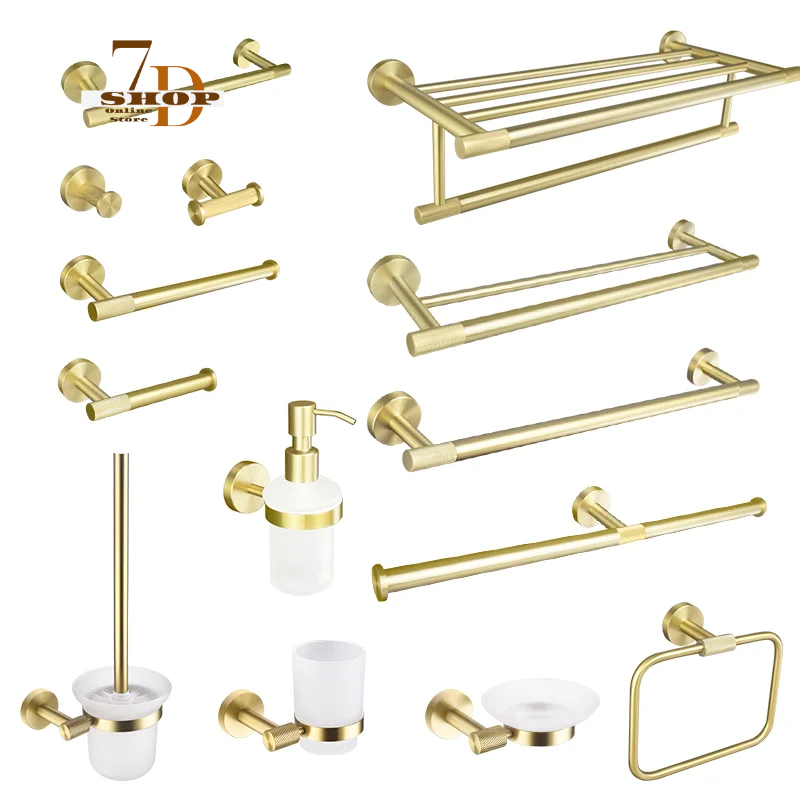 SHOP7D_Golden Towel Rack Towel Bar Ring Brushed Gold Hardware Set Robe Coat Hook Toilet Tissue Paper Holder Bathroom Accessories Kit