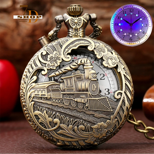 SHOP7D_Vintage Luminous LED Clock Men Women Quartz Light Up Pocket Watch Train Locomotive Engine Steampunk FOB Pendant Chain Gifts