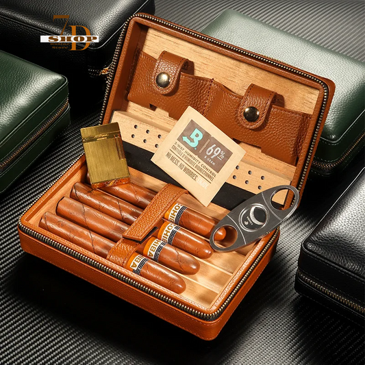 SHOP7D_Cedar Wood Leather Portable Travel Cigar Wooden Box Cigar Holster High-end Moisturizing Cigar Case