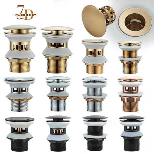 SHOP7D_Gold Pop Up Drain Button Bathroom Sink Plug Drainer Siphon Waste Stopper Wash Basin Faucet Accessory Washbasin Pipe Black