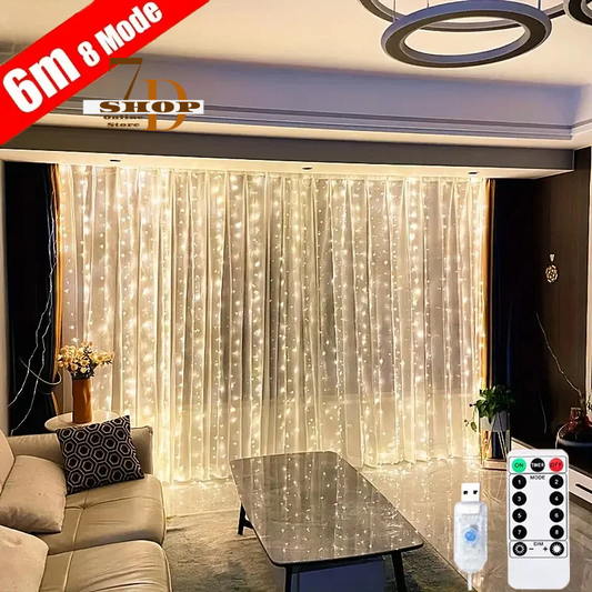 SHOP7D_USB String Lights Holiday Wedding Fairy Light Garland Lights for Bedroom 3/4/6M Remote Control Curtain LED Christmas Decoration