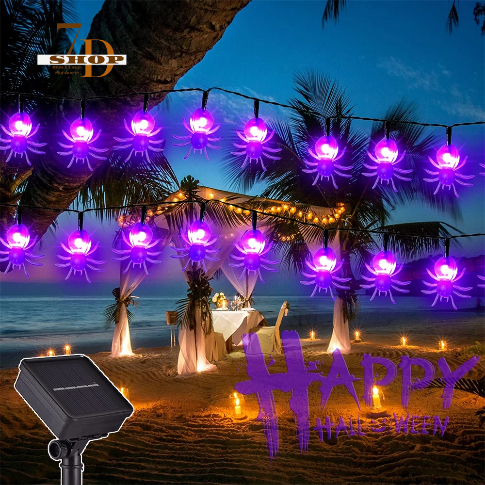 SHOP7D_50/30/20leds Solar Spider Lights String Halloween Purple Spider Lights for Christmas New Year Party Garden Courtyard Wall Decor