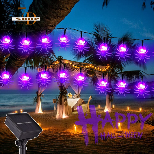 SHOP7D_50/30/20leds Solar Spider Lights String Halloween Purple Spider Lights for Christmas New Year Party Garden Courtyard Wall Decor