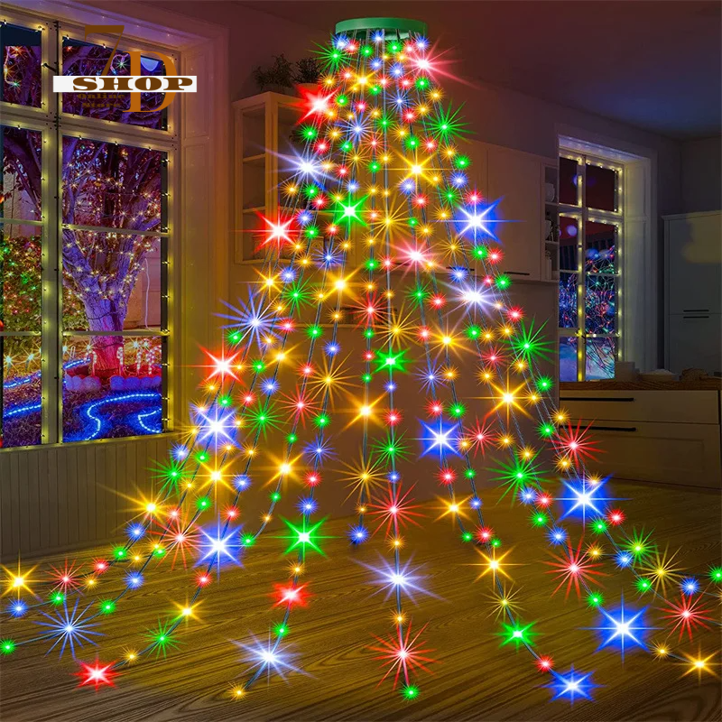 SHOP7D_C2 Led Light 280LED Christmas Tree Topper Star Waterfall Light Outdoor Garden Memory Fairy String Light Garland Holiday Lighting