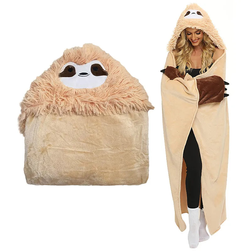 بطانية شتوية من الفلانيل بغطاء رأس على شكل حيوان الكسلان