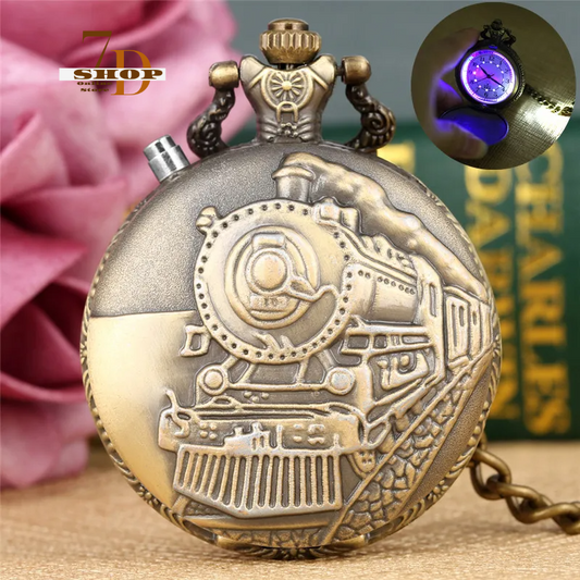 SHOP7D_LED Light Clock Train Locomotive Men Women Quartz Pocket Watch Arabic Numerals Display Pendant FOB Chain Gift