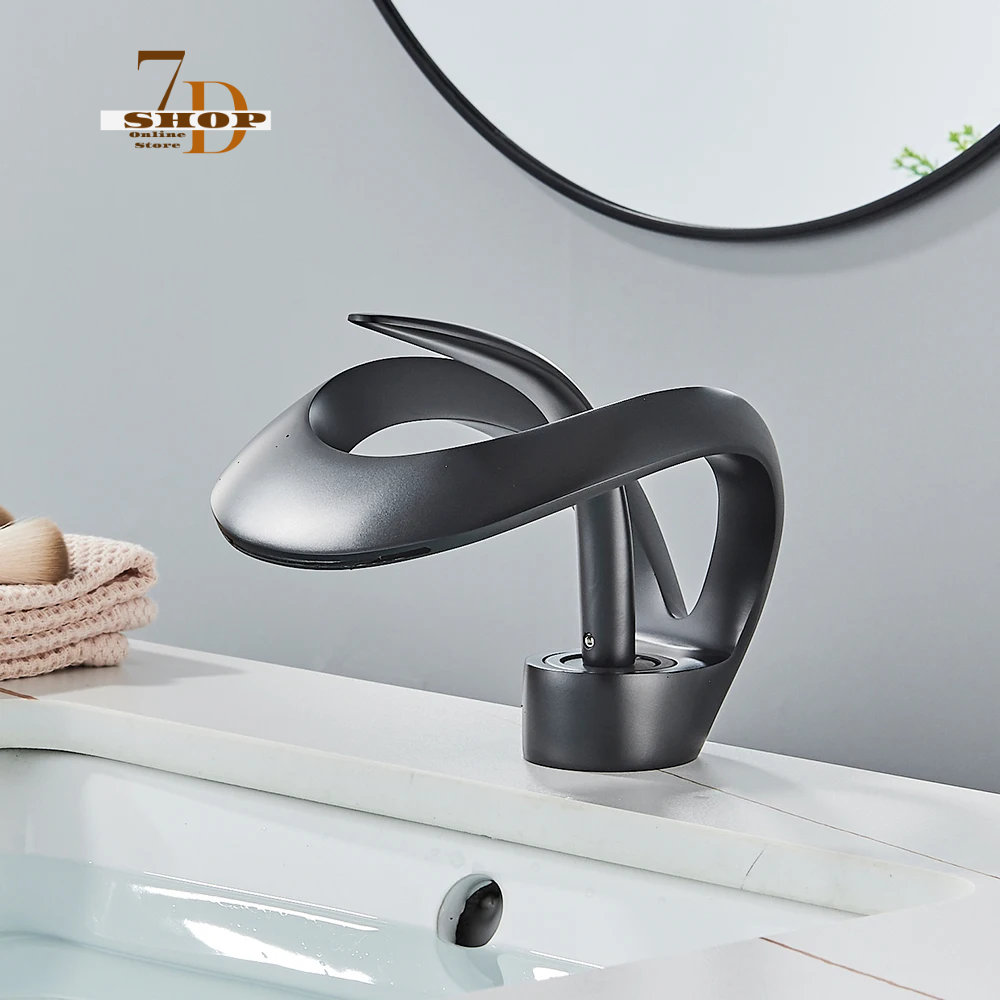 SHOP7D_Luxury Black Basin Faucet Grey Bathroom Waterfall Mixer Tap Brass Deck Mount Modern Style Hot Cold Water Sink Mixer Crane