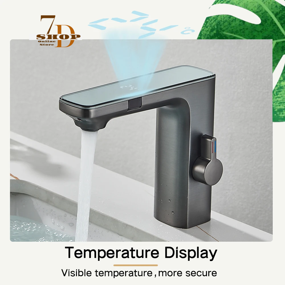 SHOP7D_Touchless Sensor Basin Faucet Brass Smart Digital Display Bathroom Sink Faucet Grey Sense Hot Cold Water Mixer Tap Battery Power