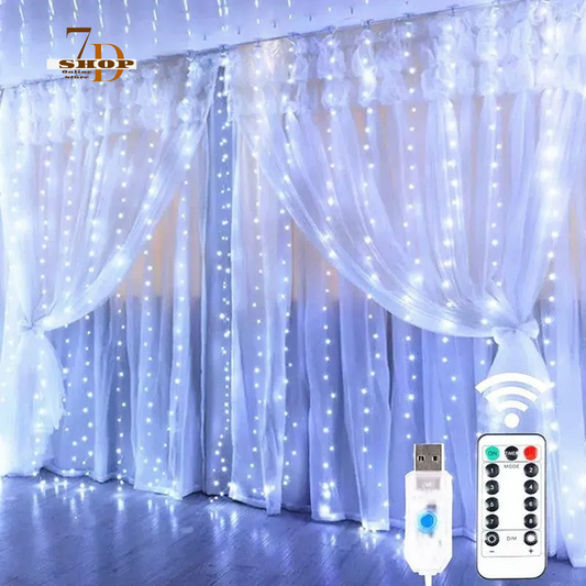 SHOP7D_LED Curtain String Lights Christmas Garland Decor Fairy Light 8 Modes USB Remote Control Wedding Holiday Party for Bedroom Home