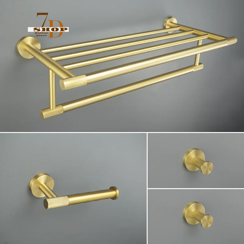 SHOP7D_Golden Towel Rack Towel Bar Ring Brushed Gold Hardware Set Robe Coat Hook Toilet Tissue Paper Holder Bathroom Accessories Kit