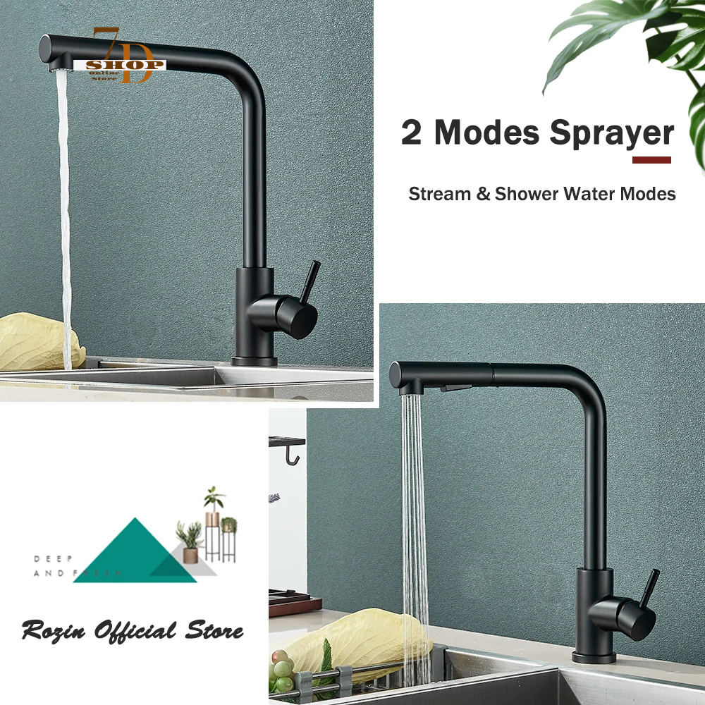 SHOP7D_Flexible Gourmet Kitchen Faucet Black Pull Out 2 Ways Nozzle Faucets 360° Rotation Hot Cold Water Sink Mixer Tap SUS304