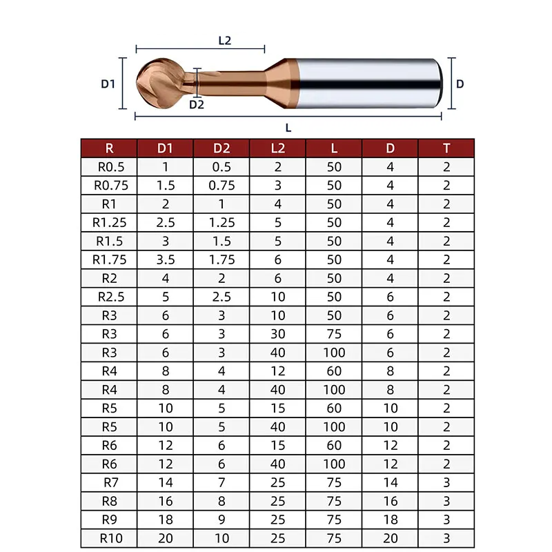 SHOP7D_Ball T Shape Cutter Solid Carbide 3D End Mill R2 R3 R4 R5 R6 Metal Steel Aluminum Copper Iron