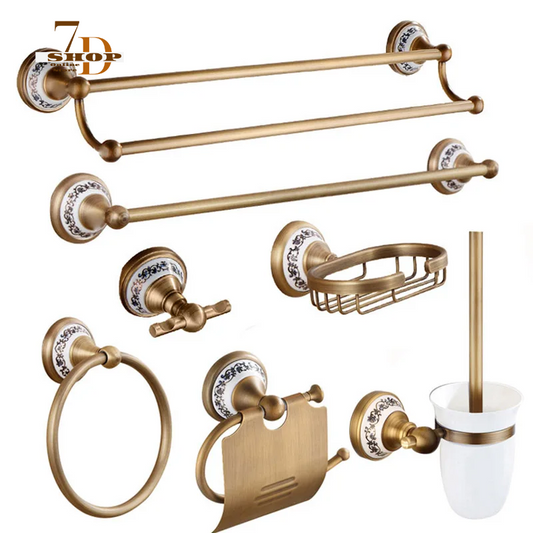 SHOP7D_Antique Brushed Solid Brass Bathroom Accessories Sets European Porcelain Bathroom Hardware Sets Ceramic Retro Bathroom Products