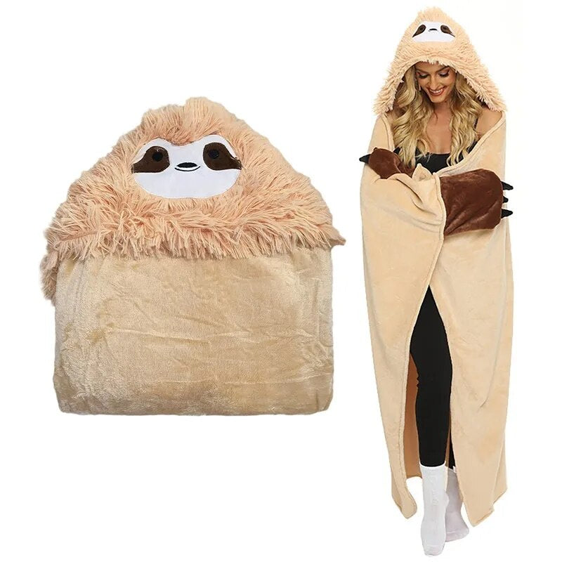 بطانية شتوية من الفلانيل بغطاء رأس على شكل حيوان الكسلان