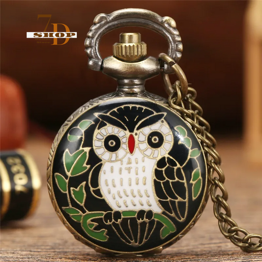 SHOP7D_Lovely Owl Design Small Size Clock Animal Pocket Watch for Kid Unisex Quartz Analog Watches with Necklace Chain Collectable Gift