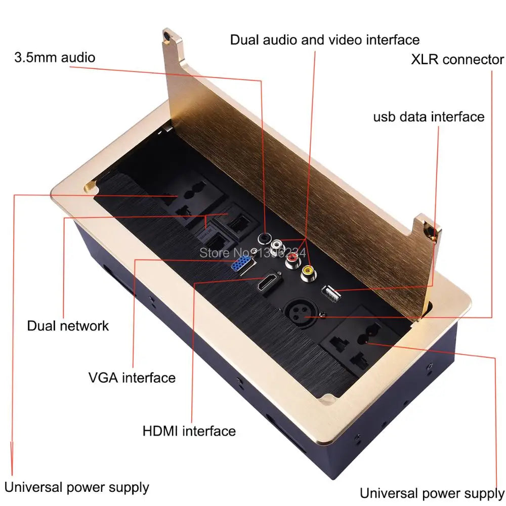 SHOP7D_Clamshell Desktop Socket Aluminum Alloy Panel 2 Universal Power HDMI VGA 3.5 Audio USB Video Multimedia Information Outlet Box