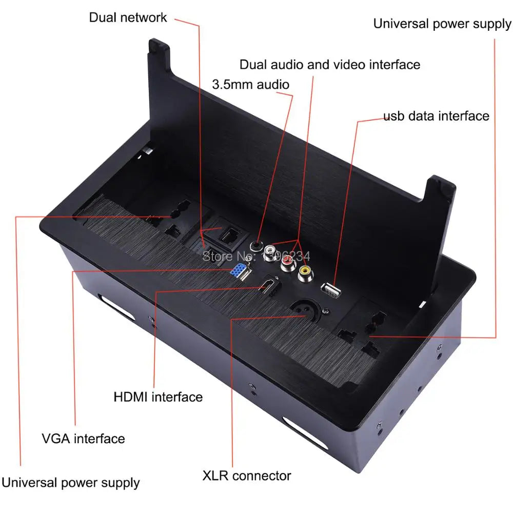 SHOP7D_Clamshell Desktop Socket Aluminum Alloy Panel 2 Universal Power HDMI VGA 3.5 Audio USB Video Multimedia Information Outlet Box