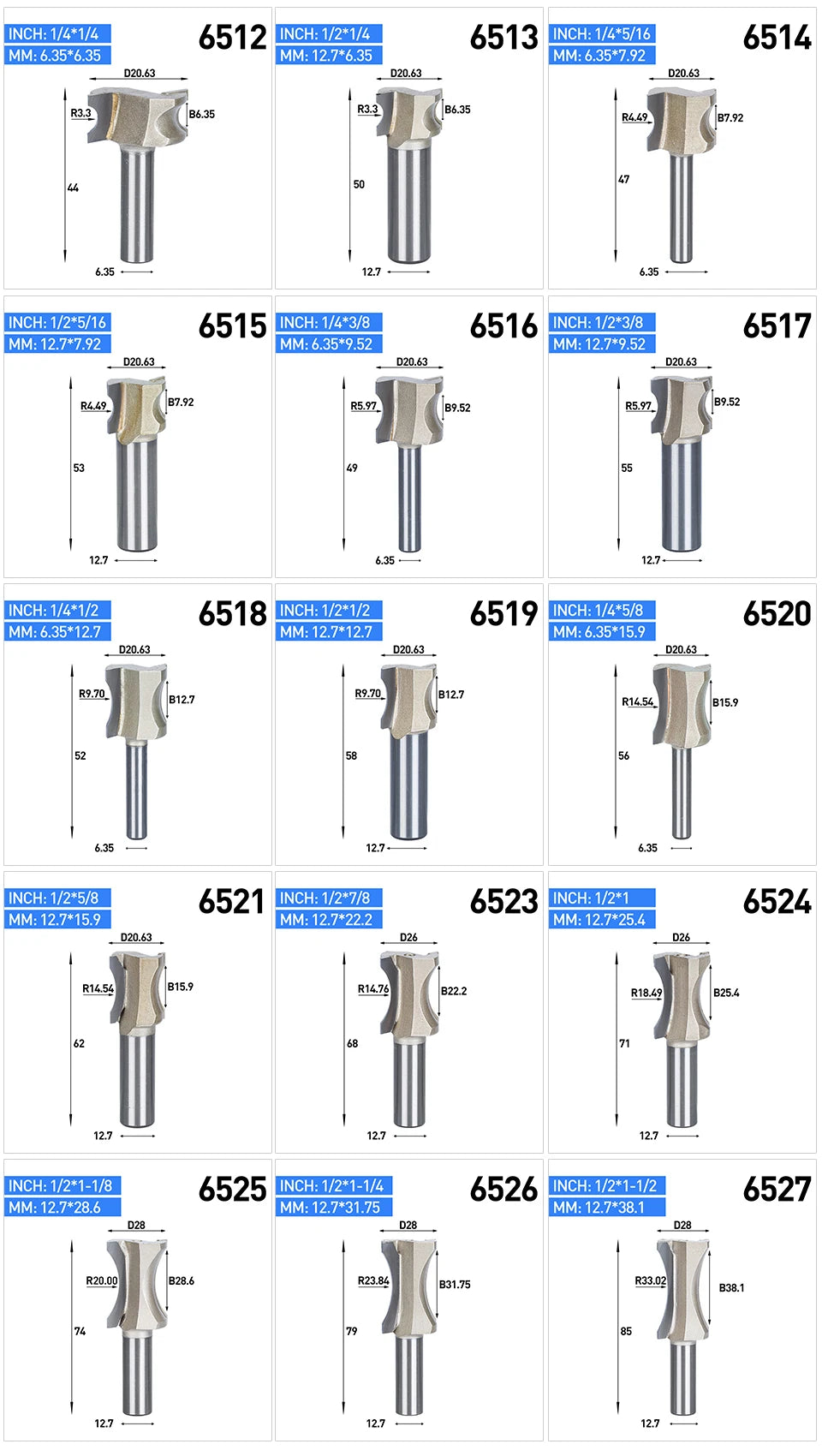 SHOP7D_1/2"  1/4" Shank Half Round bit 2 Flute Endmill Router Bits for Wood Without Bearing Woodworking Tool Milling Cutter