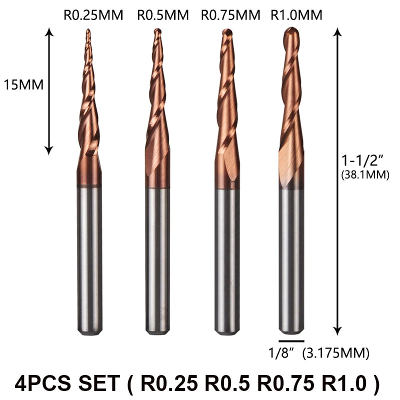 SHOP7D_4pcs/Lot Tungsten Solid Carbide Inch Size 3.175mm Ball Nose Tapered End Mill Router Bits CNC Taper Wood Metal Milling Cutter