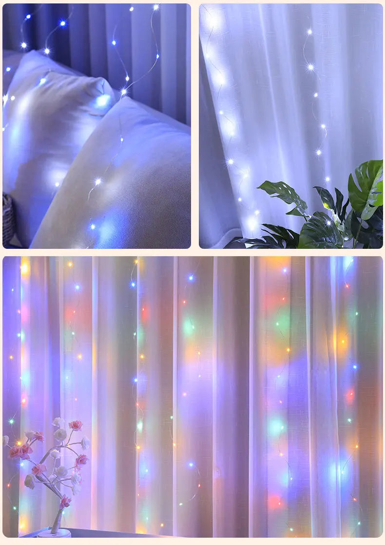 SHOP7D_LED Curtain String Lights Christmas Garland Decor Fairy Light 8 Modes USB Remote Control Wedding Holiday Party for Bedroom Home