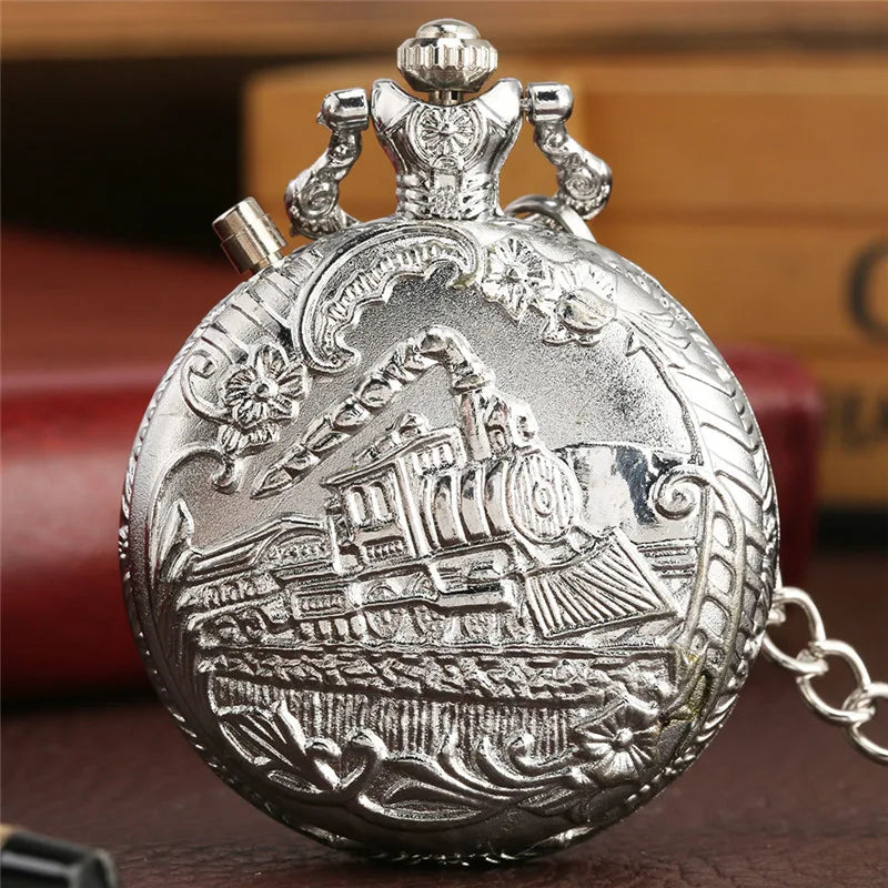 SHOP7D_Antique Style LED Clock Locomotive Railway Men Women Quartz Analog Pocket Watch Arabic Numerals Display Pendant Chain Gifts