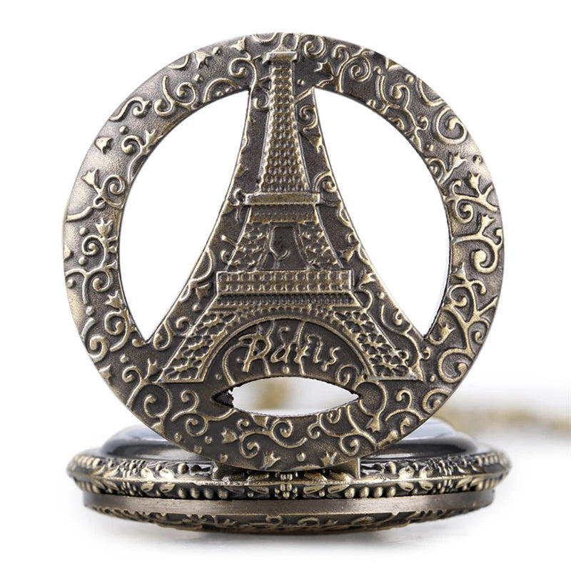 SHOP7D_Antique Hollow Out Eiffel Tower Unisex Quartz Pocket Watch Sweater Chain Souvenir Collection Clock Gift for Men Women Souvenir