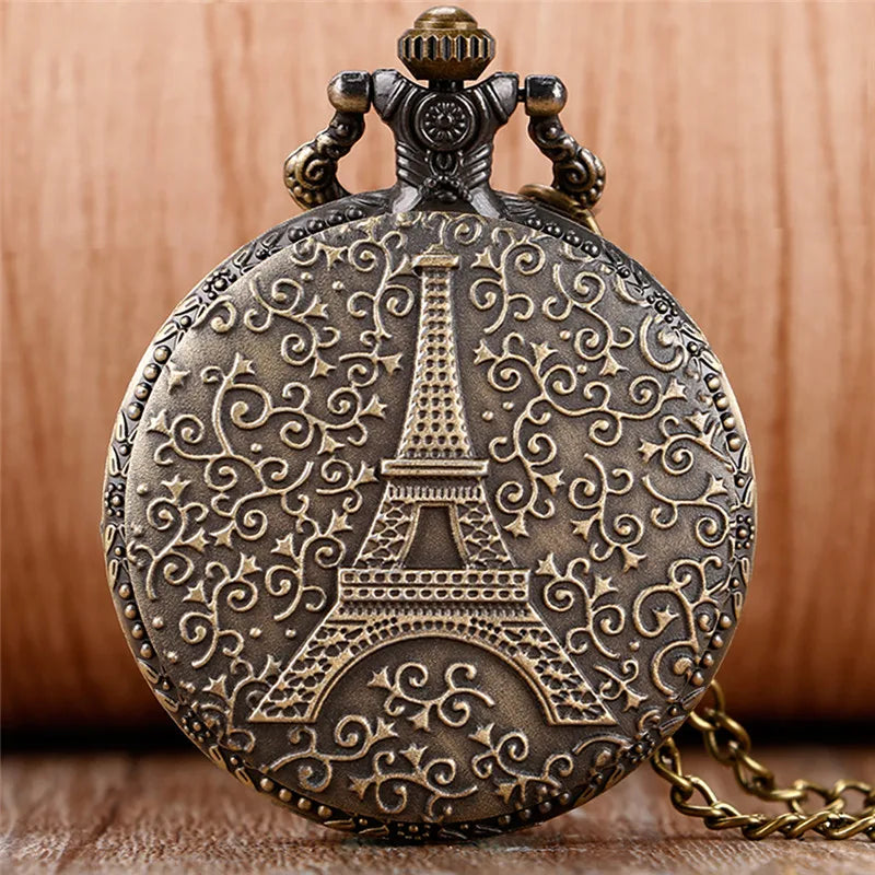 SHOP7D_Antique Hollow Out Eiffel Tower Unisex Quartz Pocket Watch Sweater Chain Souvenir Collection Clock Gift for Men Women Souvenir