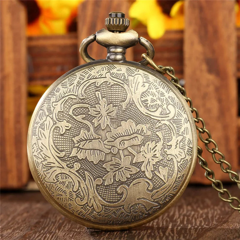 SHOP7D_Steampunk Hollow Out Chinese Dragon Design Retro Quartz Movement Pocket Watch for Men Women with Necklace Chain Roman Number