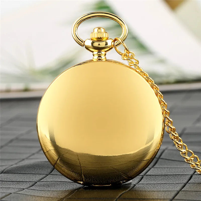 SHOP7D_Luxury Yellow Gold/black Smooth Case Clock Men Women Pendant Pocket Watch Quartz Movement Analog Display Necklace Fob Chain