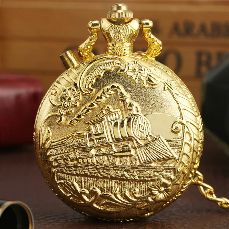 SHOP7D_Antique Style LED Clock Locomotive Railway Men Women Quartz Analog Pocket Watch Arabic Numerals Display Pendant Chain Gifts