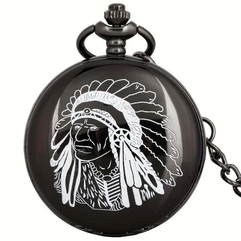 SHOP7D_Steampunk Pocket Watch Indian Man Design Full Hunter Quartz Movement Clock for Men Arabic Number Dial with Pendant Chain Reloj