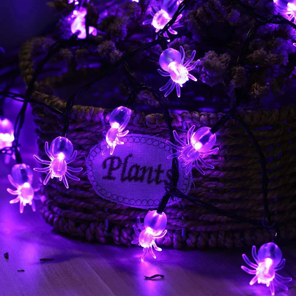 SHOP7D_50/30/20leds Solar Spider Lights String Halloween Purple Spider Lights for Christmas New Year Party Garden Courtyard Wall Decor