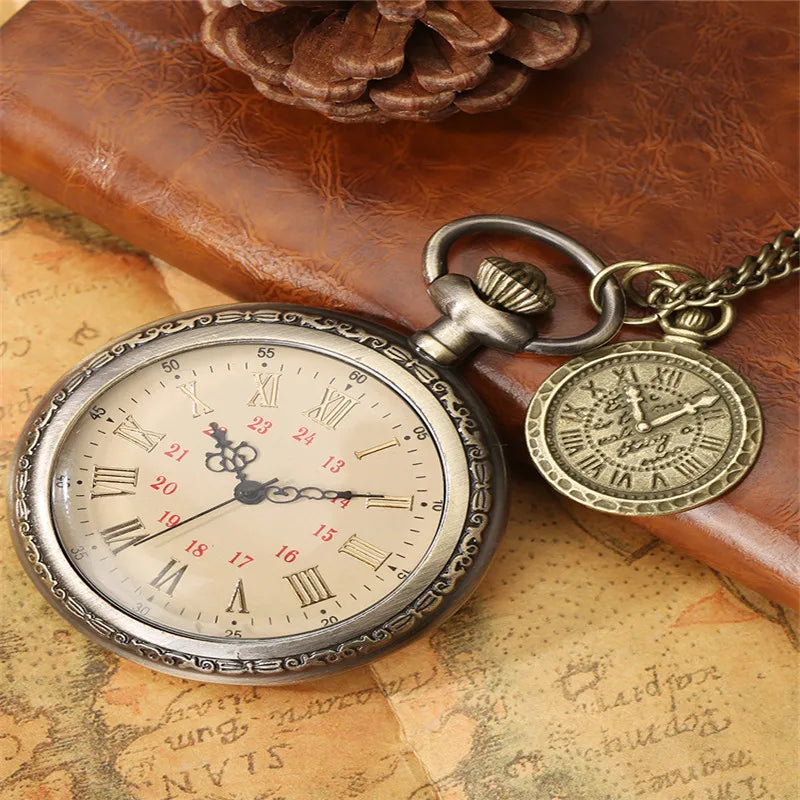 SHOP7D_Old Fashion Clock Open Face Design Retro Quartz Pocket Watch for Men Women Fob Compass with Necklace Chain Reloj De Bolsillo