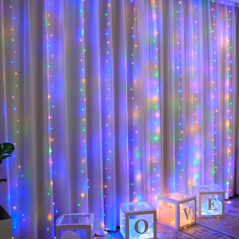 SHOP7D_LED Curtain String Lights Christmas Garland Decor Fairy Light 8 Modes USB Remote Control Wedding Holiday Party for Bedroom Home