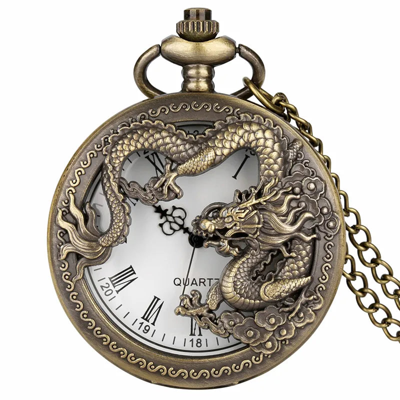 SHOP7D_Steampunk Hollow Out Chinese Dragon Design Retro Quartz Movement Pocket Watch for Men Women with Necklace Chain Roman Number