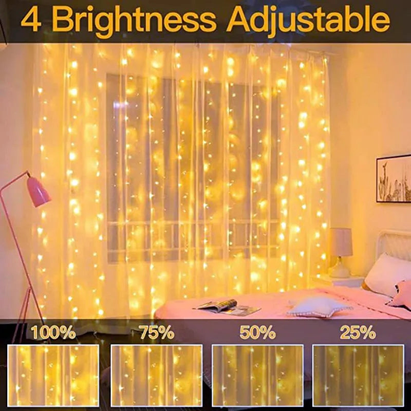 SHOP7D_LED Curtain String Lights Christmas Garland Decor Fairy Light 8 Modes USB Remote Control Wedding Holiday Party for Bedroom Home