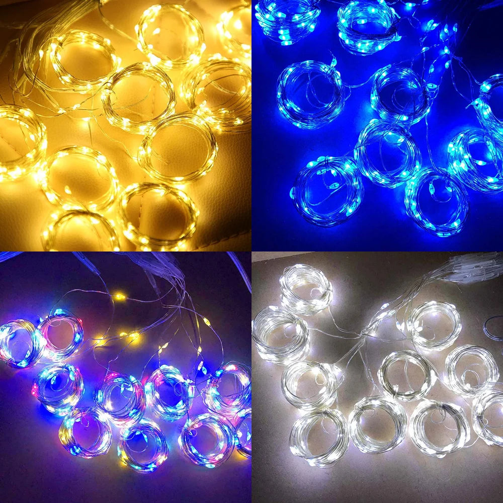 SHOP7D_LED Curtain String Lights Christmas Garland Decor Fairy Light 8 Modes USB Remote Control Wedding Holiday Party for Bedroom Home