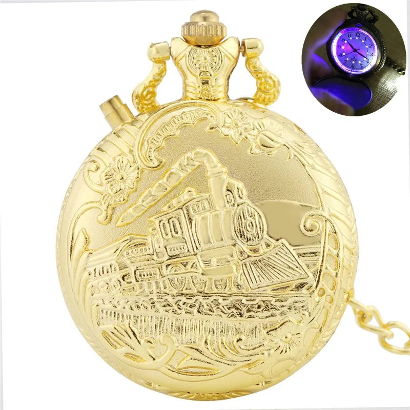 SHOP7D_Antique Style LED Clock Locomotive Railway Men Women Quartz Analog Pocket Watch Arabic Numerals Display Pendant Chain Gifts