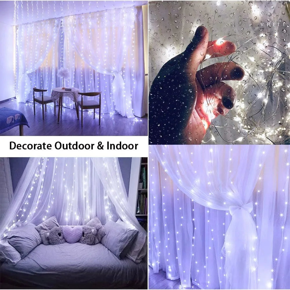 SHOP7D_LED Curtain String Lights Christmas Garland Decor Fairy Light 8 Modes USB Remote Control Wedding Holiday Party for Bedroom Home