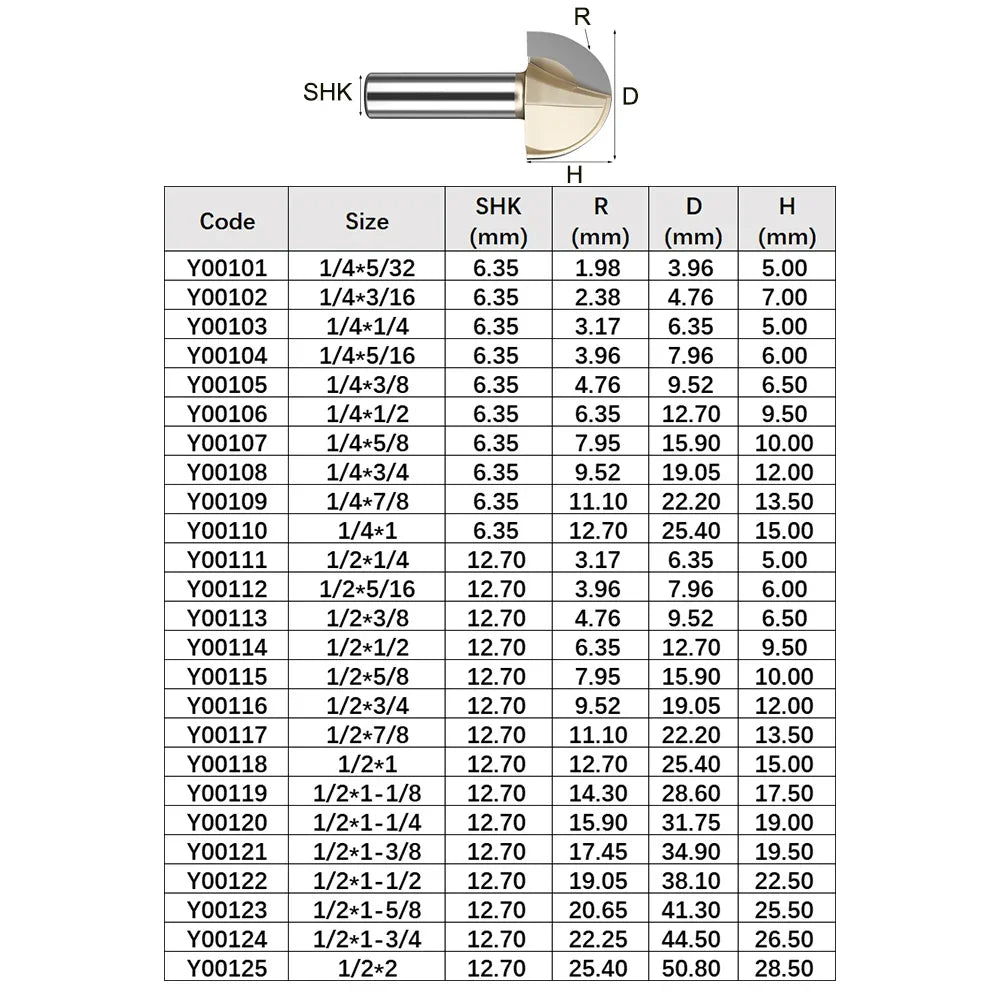 SHOP7D_Core Box Round Cove Nose Bit Tungsten Carbide CNC Woodworking Groove Tools Router Bits for Wood 1/2 1/4 Shank Milling Cutter