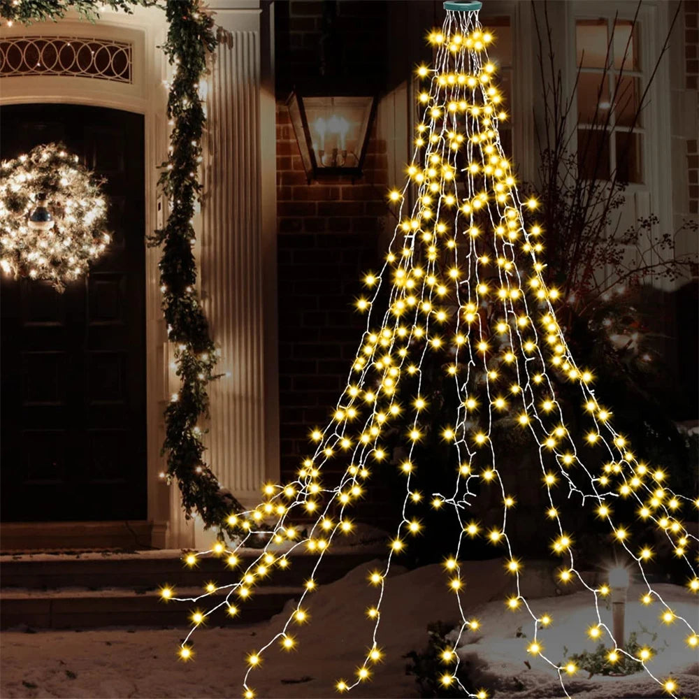 SHOP7D_C2 Led Light 280LED Christmas Tree Topper Star Waterfall Light Outdoor Garden Memory Fairy String Light Garland Holiday Lighting