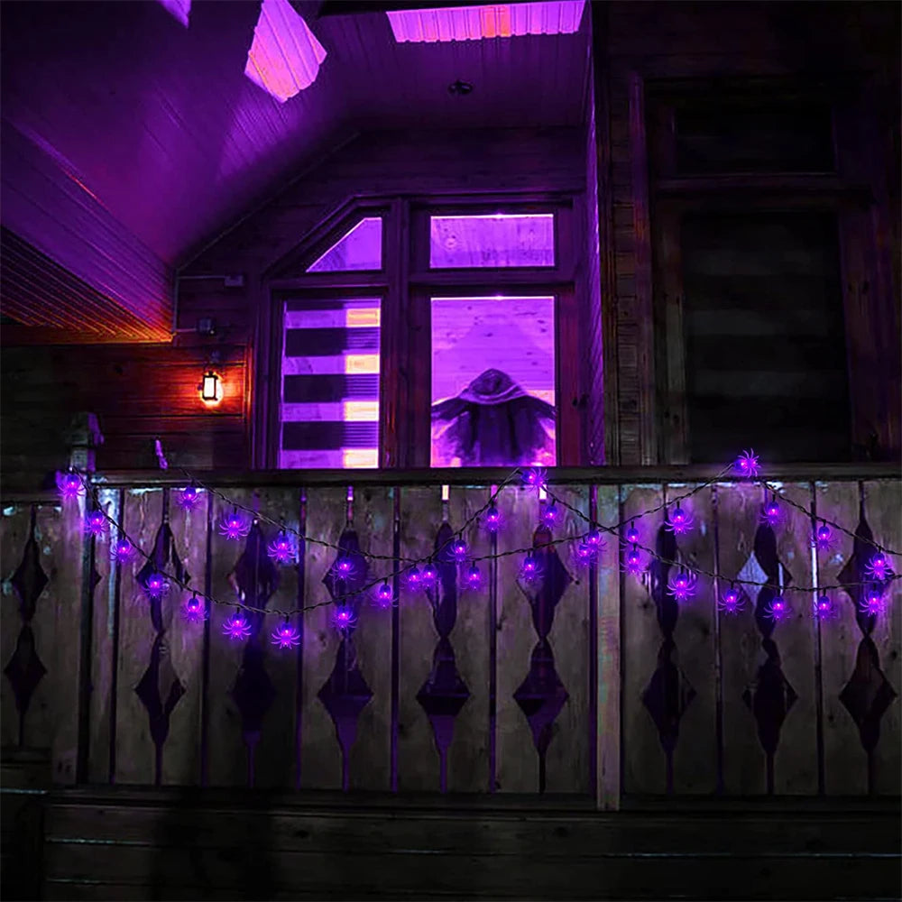 SHOP7D_50/30/20leds Solar Spider Lights String Halloween Purple Spider Lights for Christmas New Year Party Garden Courtyard Wall Decor