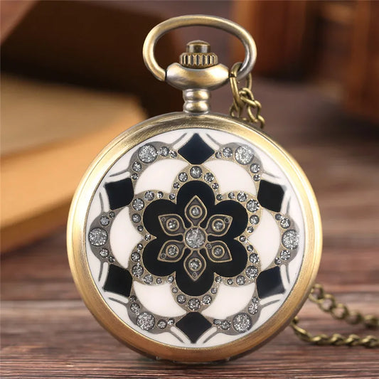 SHOP7D_Old Fashion Pocket Watch with Flower Crystal Design Men Women Quartz Movement Watches Arabic Number Display Necklace Chain Gift