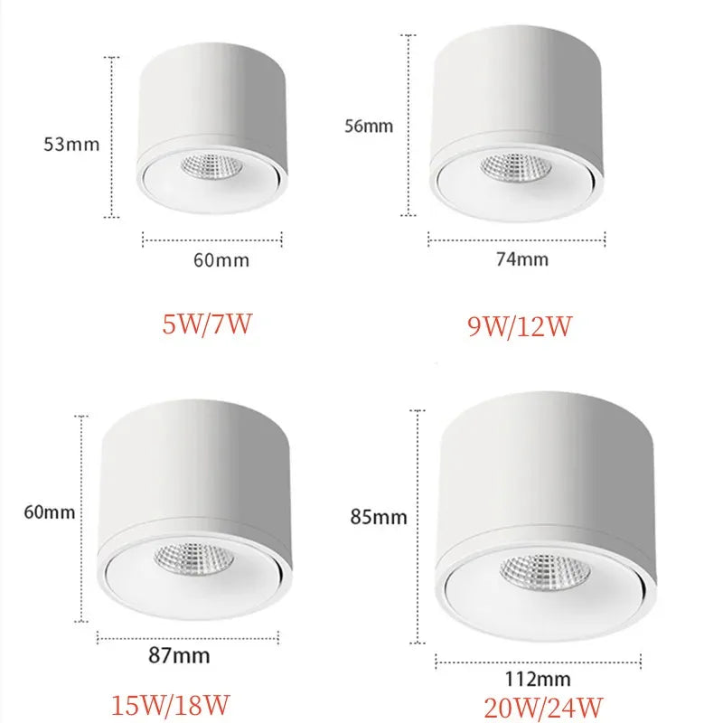 SHOP7D_Dimmable Round Surface Mounted LED Ceiling Light, Rotatable Background Spot Light, COB Downlight,5W7W10W12W15W18W AC110V 220V