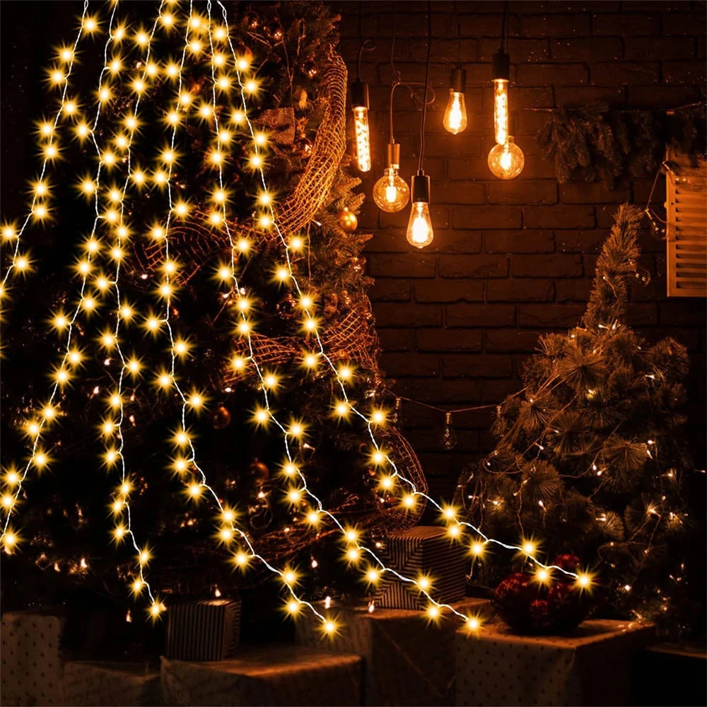 SHOP7D_C2 Led Light 280LED Christmas Tree Topper Star Waterfall Light Outdoor Garden Memory Fairy String Light Garland Holiday Lighting