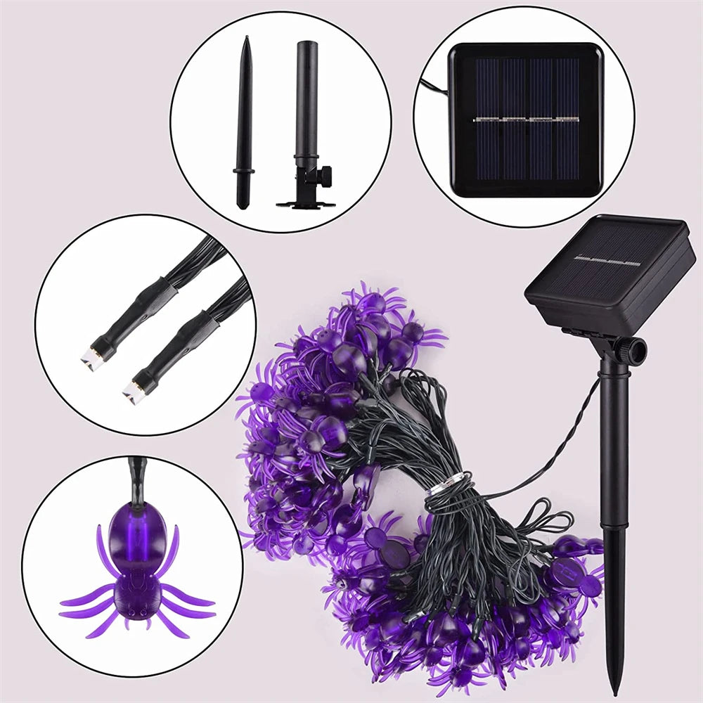 SHOP7D_50/30/20leds Solar Spider Lights String Halloween Purple Spider Lights for Christmas New Year Party Garden Courtyard Wall Decor