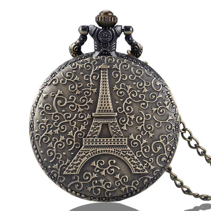 SHOP7D_Antique Hollow Out Eiffel Tower Unisex Quartz Pocket Watch Sweater Chain Souvenir Collection Clock Gift for Men Women Souvenir