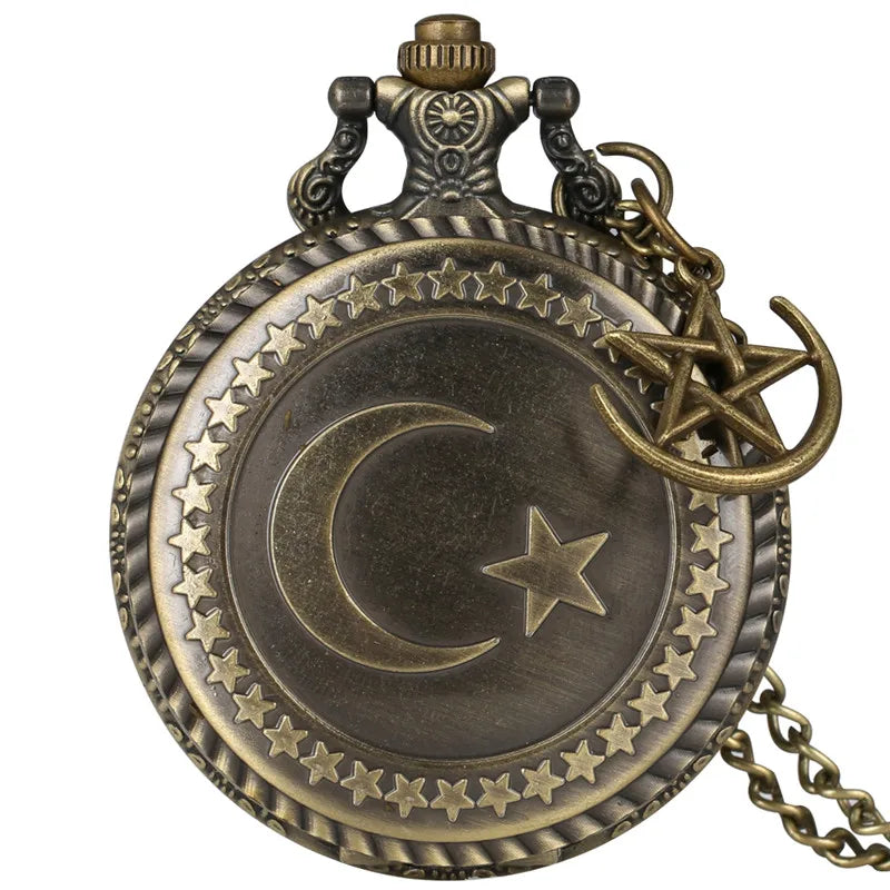 SHOP7D_Retro Turkey Flag Design Antique Quartz Pocket Watch Necklace Pendant Chain for Men Women Moon Star Accessory Timepiece reloj